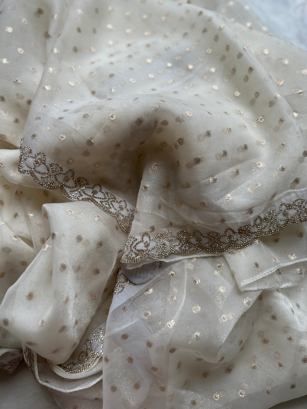 Dreamy white organza with Zari Butta Organza Saree