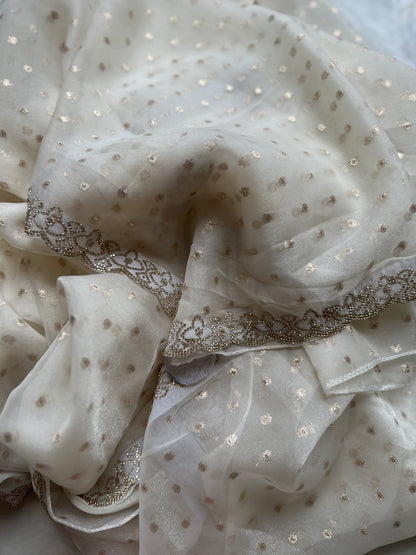 Dreamy white organza with Zari Butta Organza Saree
