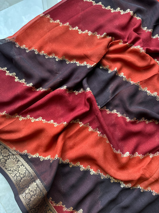 Multicolour Rust Orange Embossed Diagonal Motif Saree
