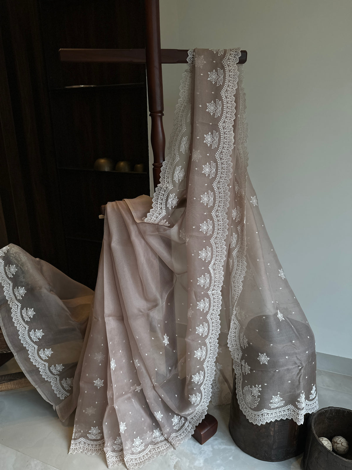 Pastel Pearl Hand Embroidered Pure Organza Saree
