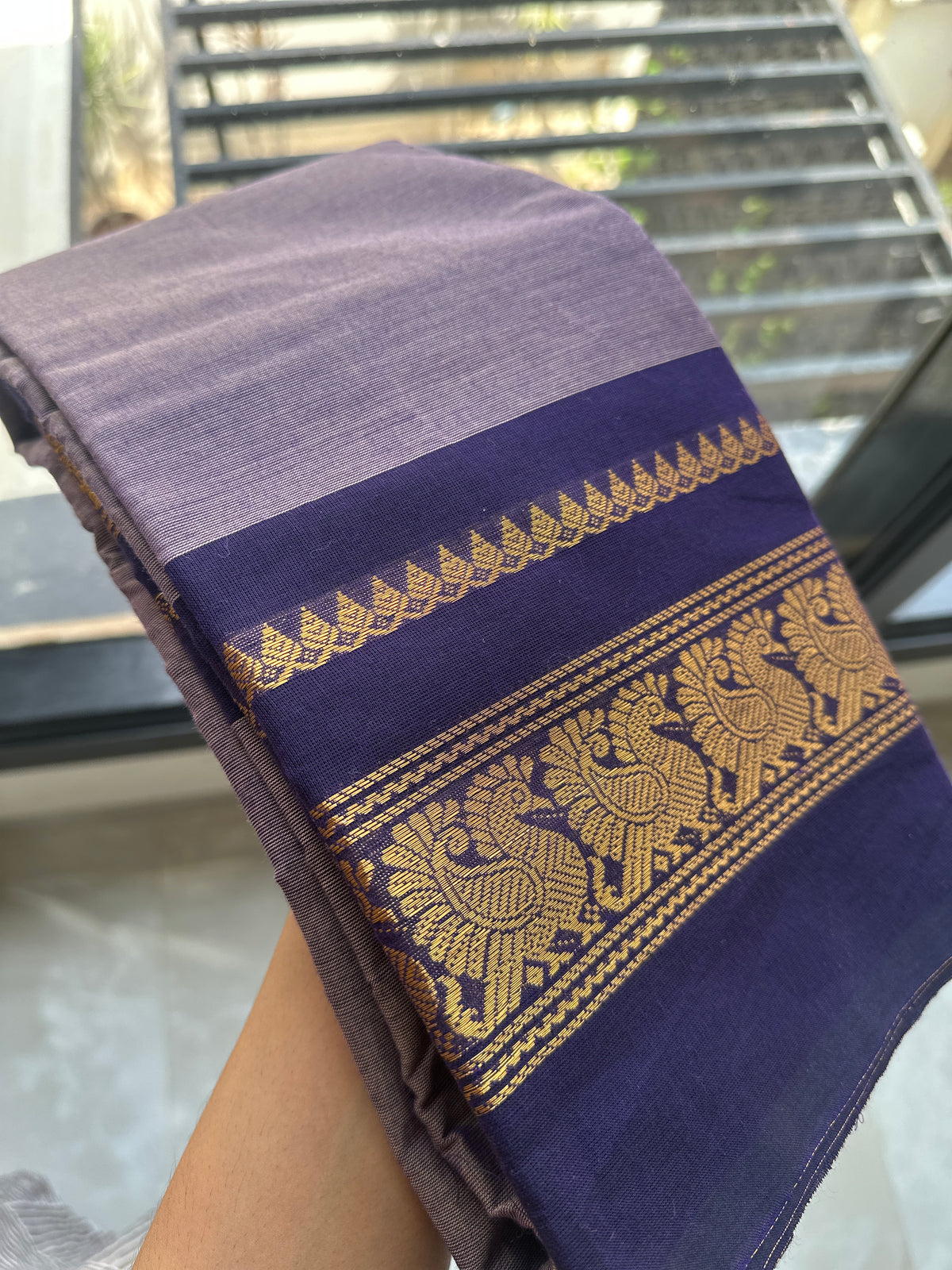 Purple Kanchi Cotton Saree with Peacock Border