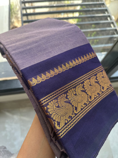 Purple Kanchi Cotton Saree with Peacock Border