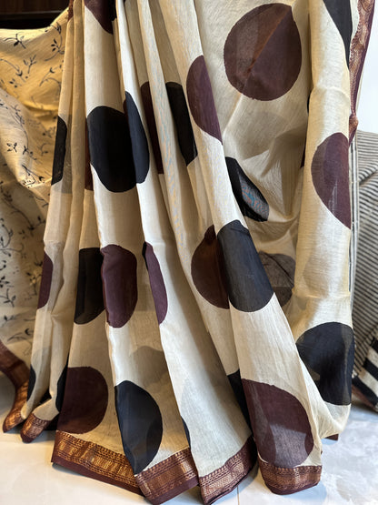 Brown Polka Dot Silk By Cotton Maheshwari Saree