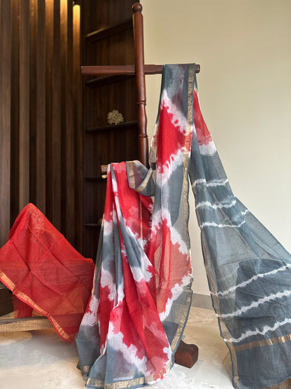 Tie and dye ink waves Red and Grey  Kota Doriya Saree