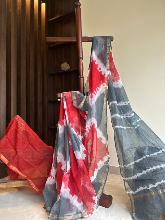 Tie and dye ink waves Red and Grey  Kota Doriya Saree