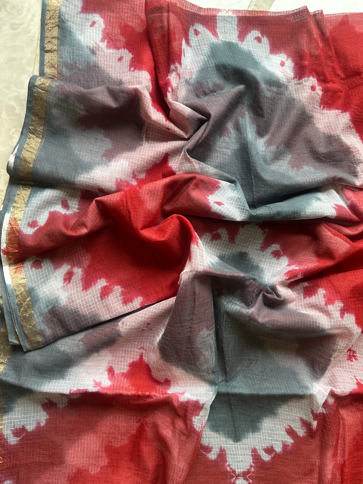 Tie and dye ink waves Red and Grey  Kota Doriya Saree