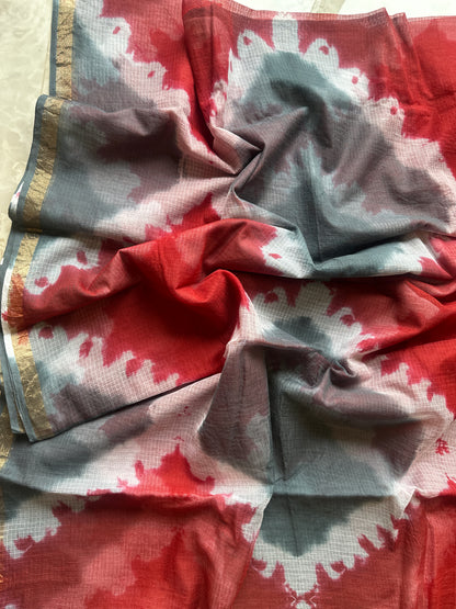 Tie and dye ink waves Red and Grey  Kota Doriya Saree