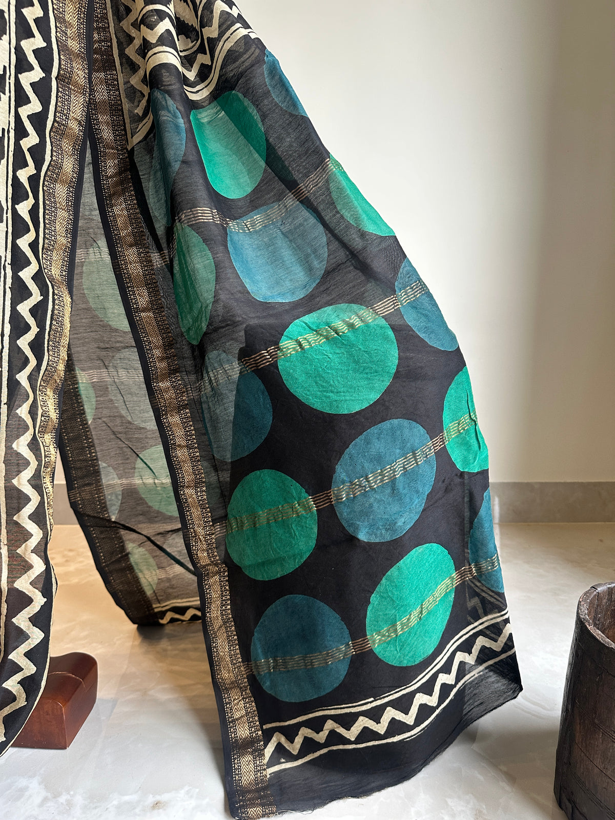 Zig Zag Black Silk By Cotton Maheshwari Silk Saree