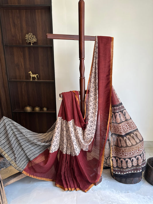 Handblock Linen Cotton saree