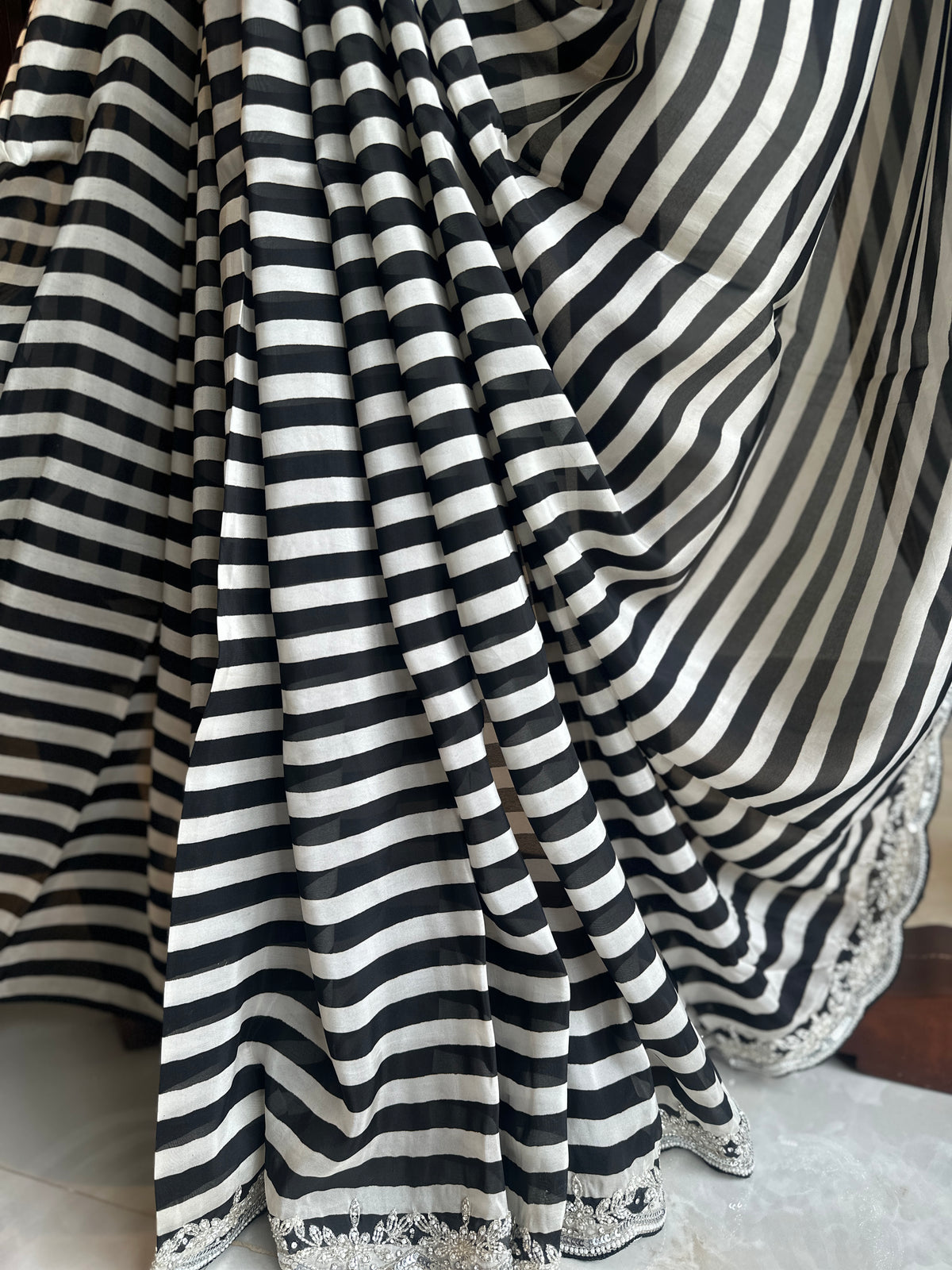 Handwork Striped Pure Crepe Designer Saree