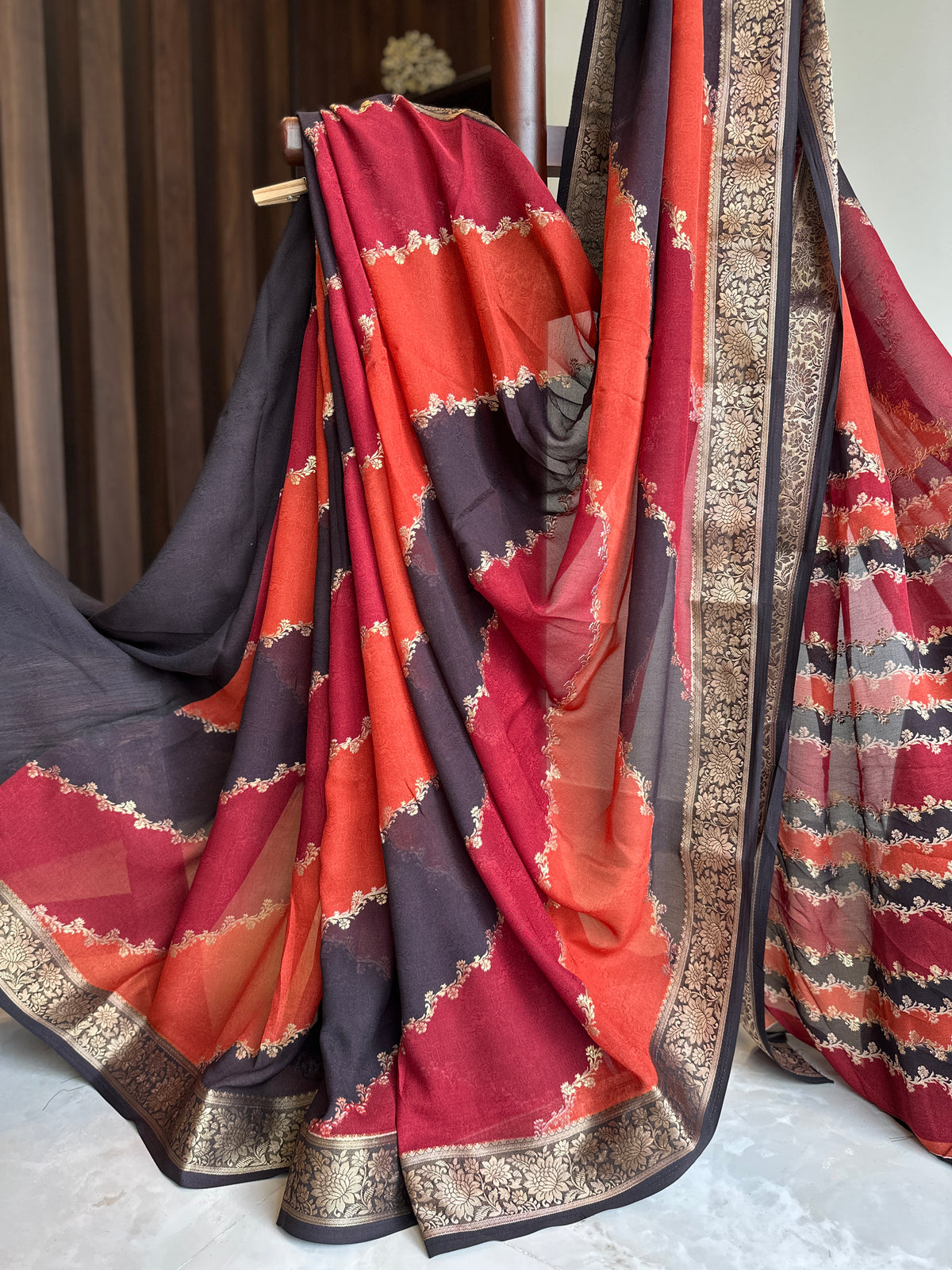 Multicolour Rust Orange Embossed Diagonal Motif Saree