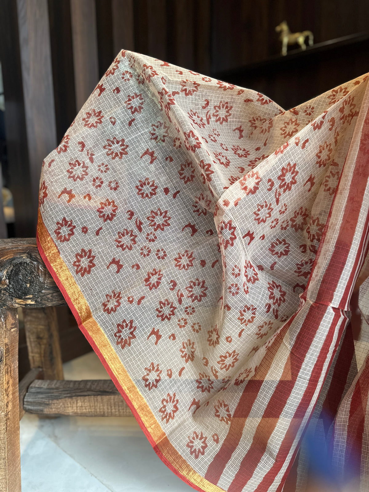 Handblock striped Orange and Black Kota Doriya Saree