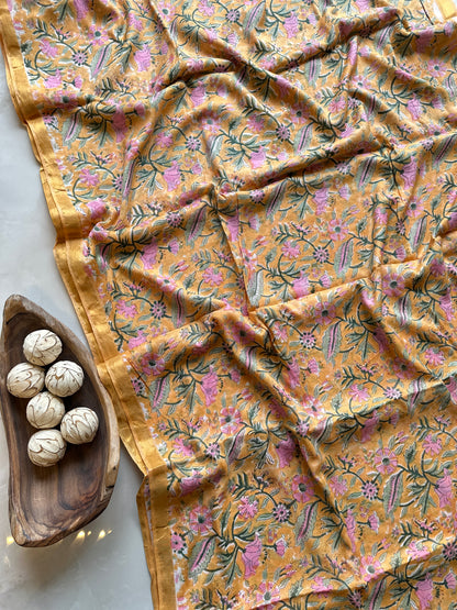 Handblock Linen Chanderi Cotton saree Floral