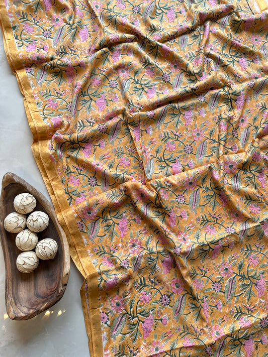 Handblock Linen Chanderi Cotton saree Floral