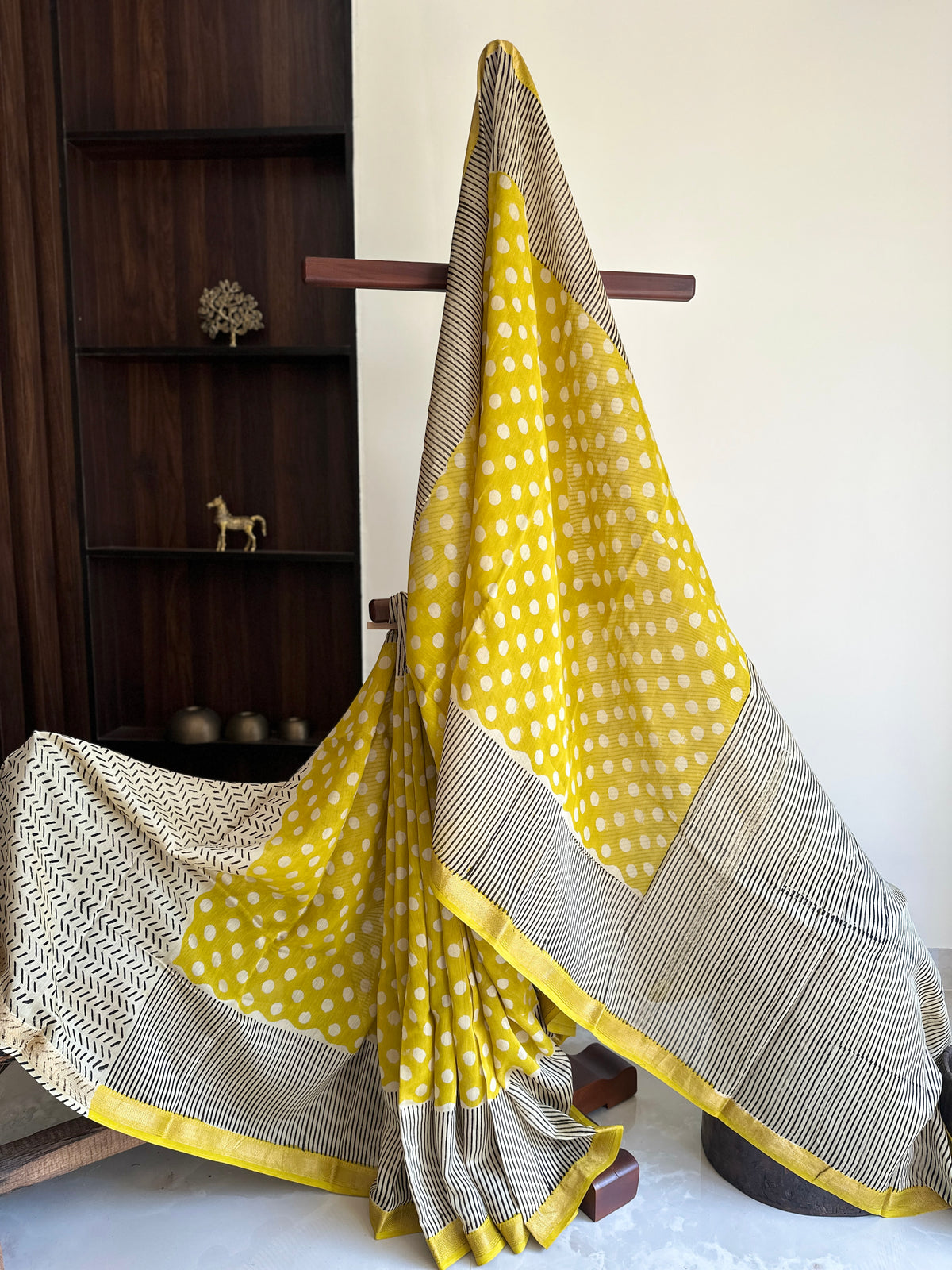 Sunshine Yellow Polka Dot Silk By Cotton Maheshwari Saree