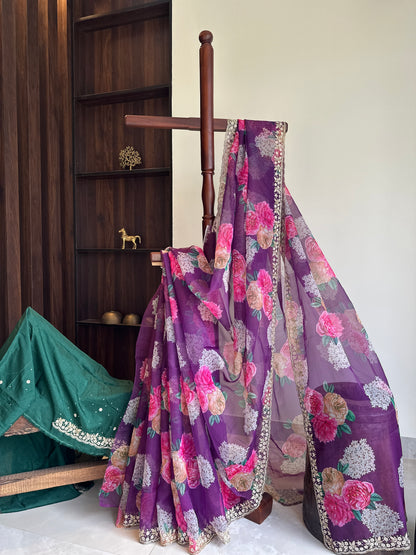 Handwork Purple Floral Organza Saree