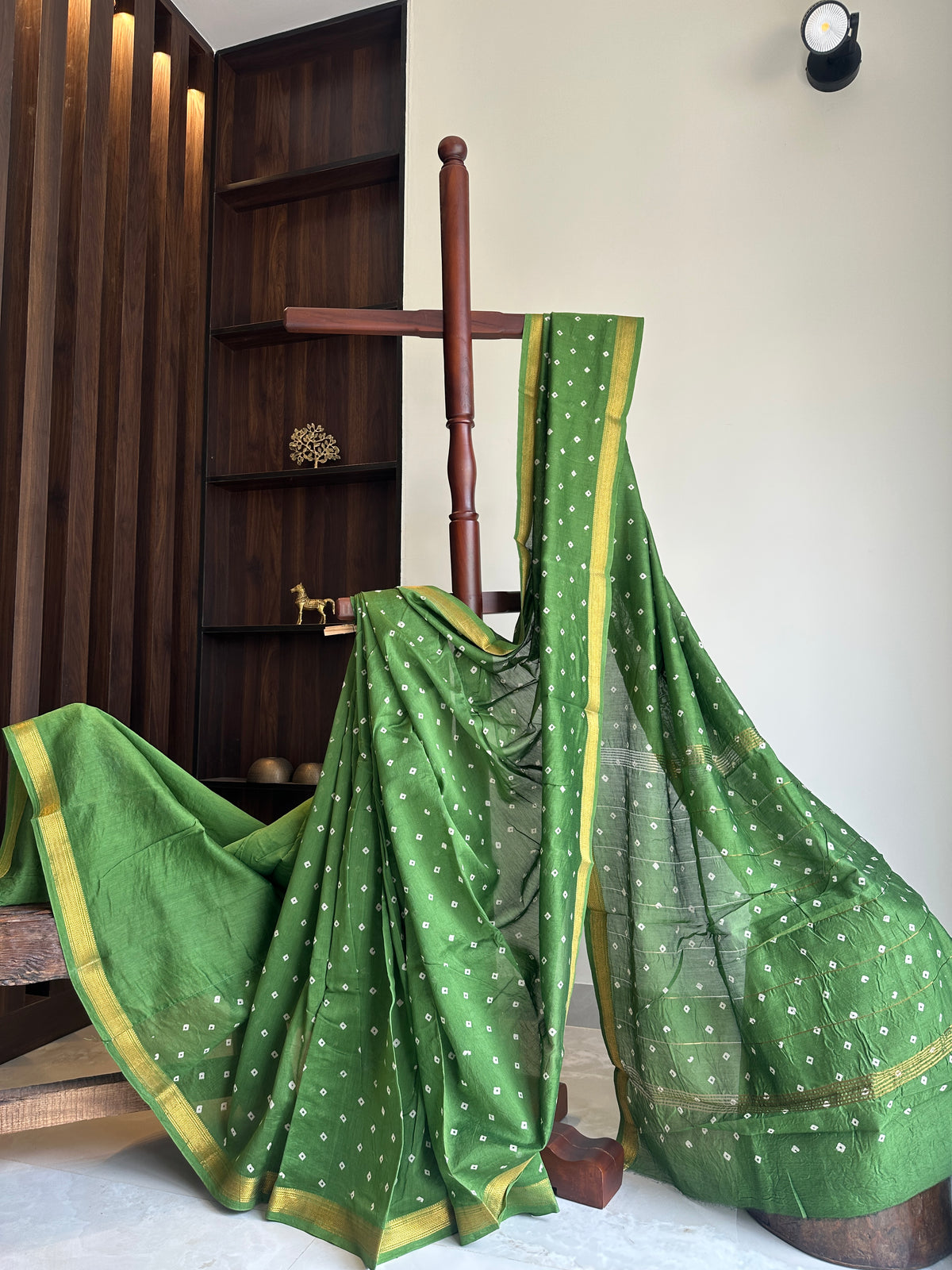 Moss Green Bandhini Silk By Cotton Maheshwari Silk Saree