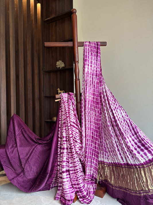 White and Purple Shibbori Pure Modal Silk Saree