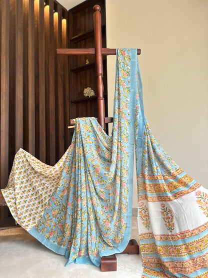 Authentic Powder Blue Georgette Handblock Saree