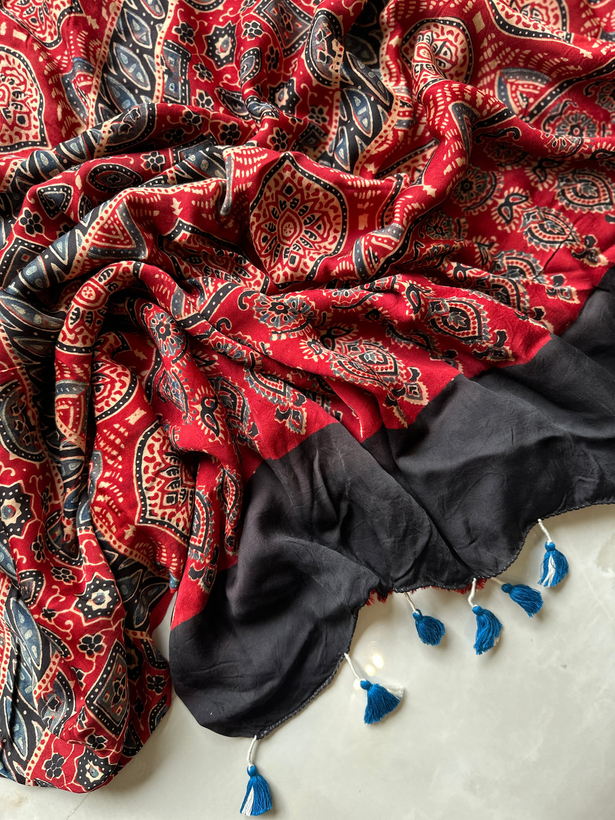 Half and Half Blue Bandhini and Ajrakh Pure Modal Silk Saree
