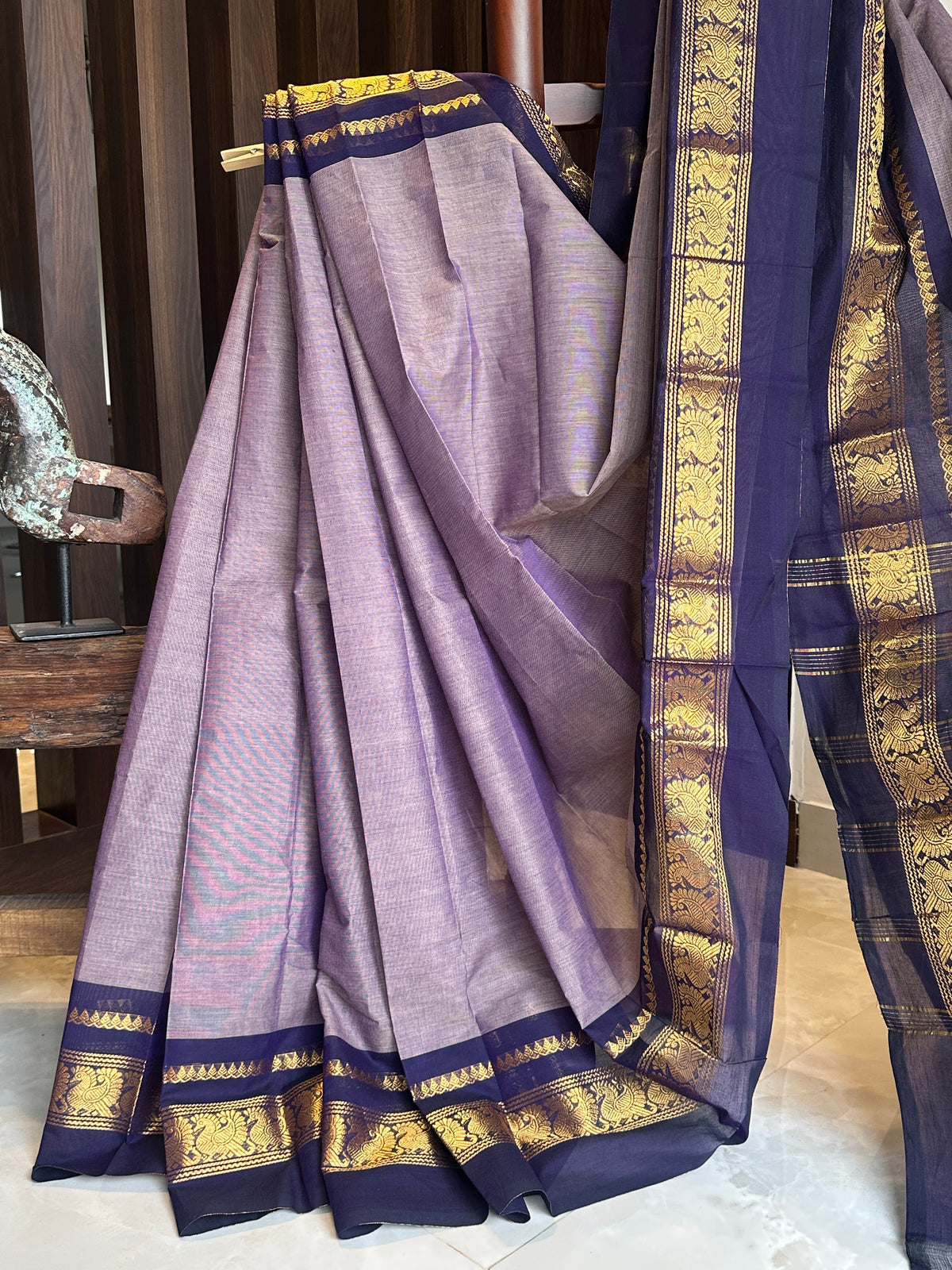 Purple Kanchi Cotton Saree with Peacock Border