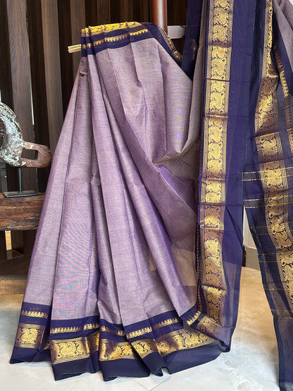 Purple Kanchi Cotton Saree with Peacock Border