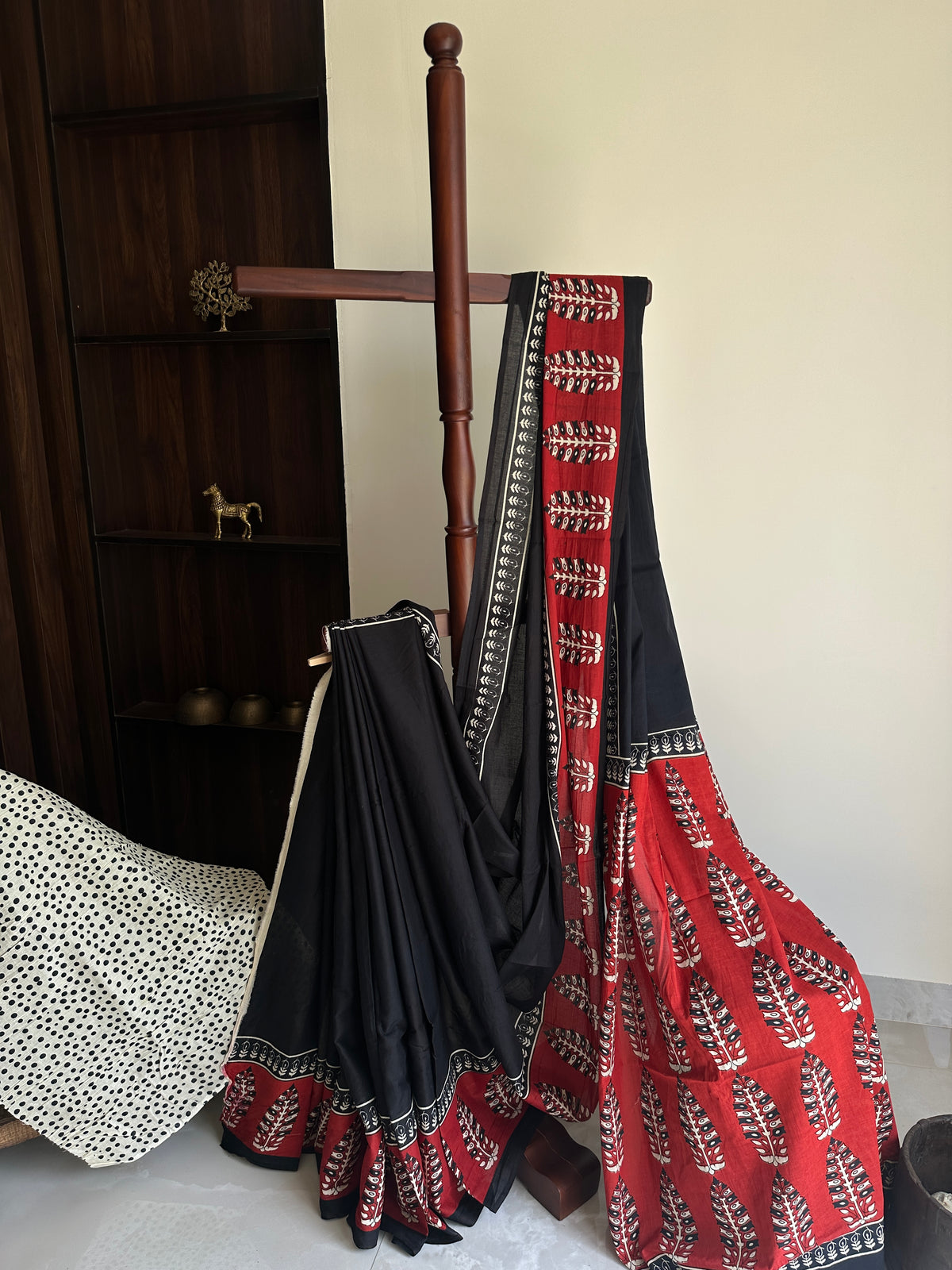 Black Red Handblock Mul Cotton Saree