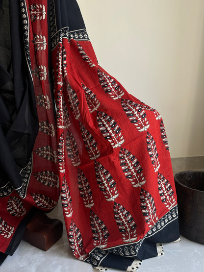 Black Red Handblock Mul Cotton Saree