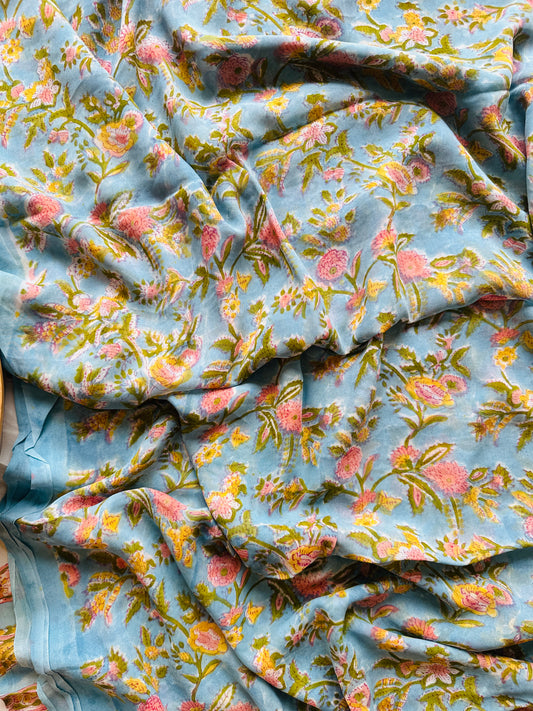 Authentic Powder Blue Georgette Handblock Saree