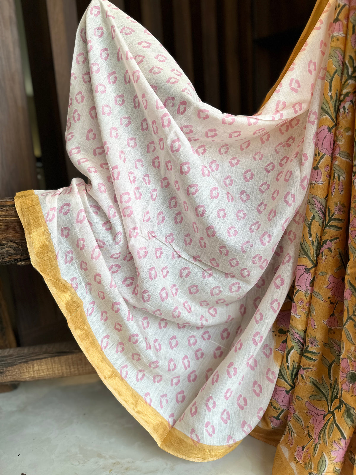 Handblock Linen Chanderi Cotton saree Floral
