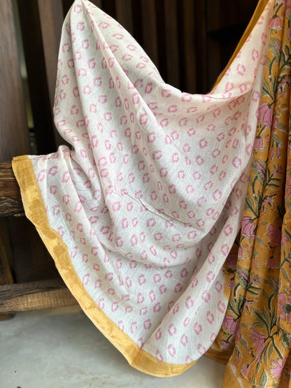 Handblock Linen Chanderi Cotton saree Floral