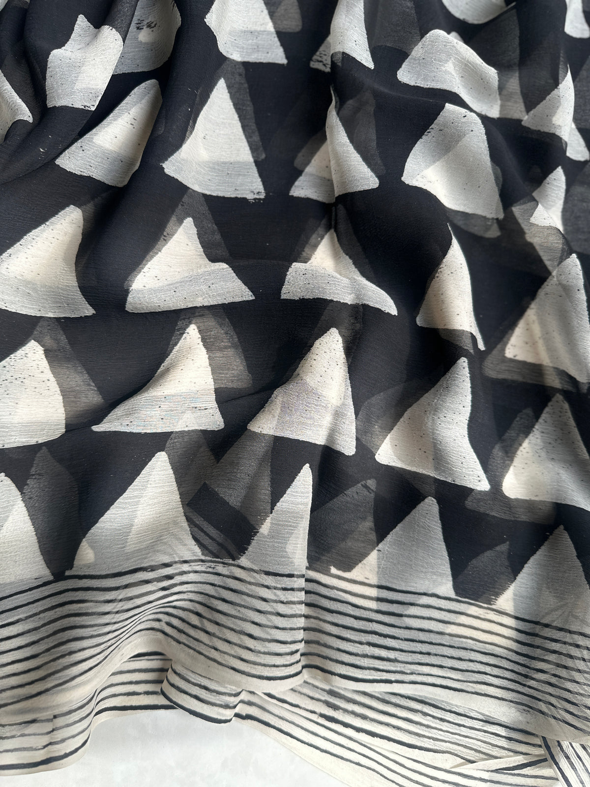 Authentic Black Triangle Georgette Handblock Saree
