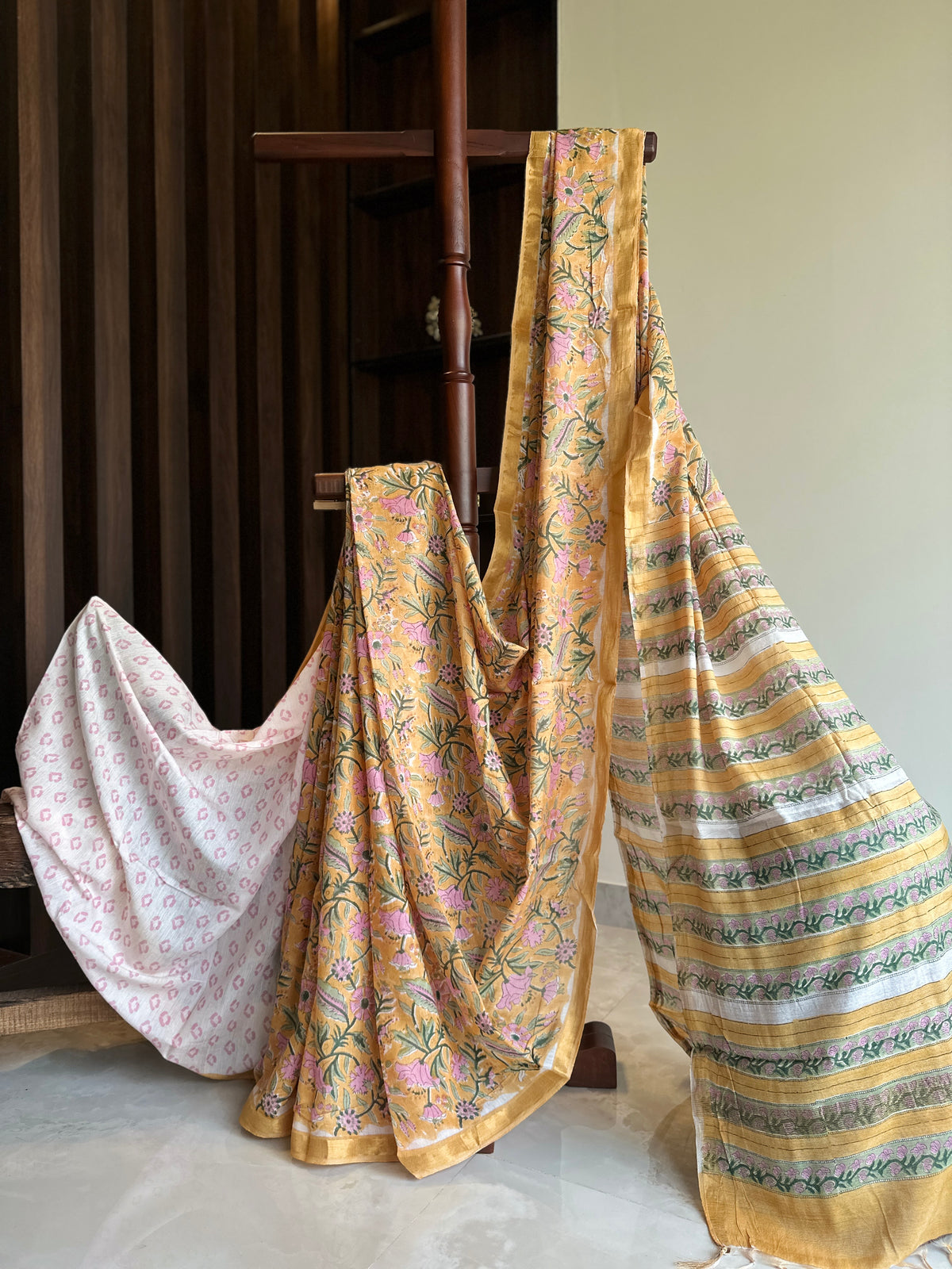 Handblock Linen Chanderi Cotton saree Floral