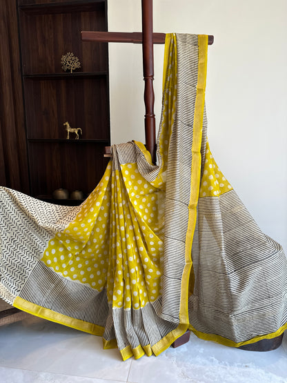 Sunshine Yellow Polka Dot Silk By Cotton Maheshwari Saree