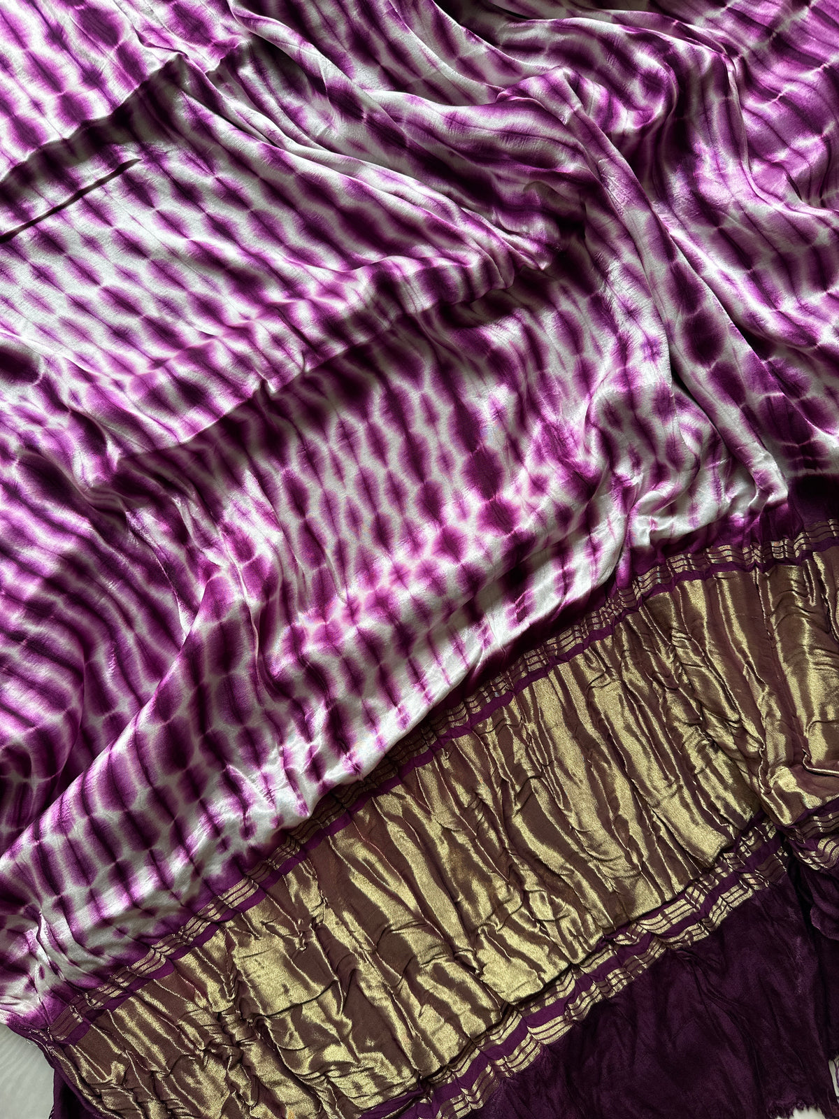 White and Purple Shibbori Pure Modal Silk Saree