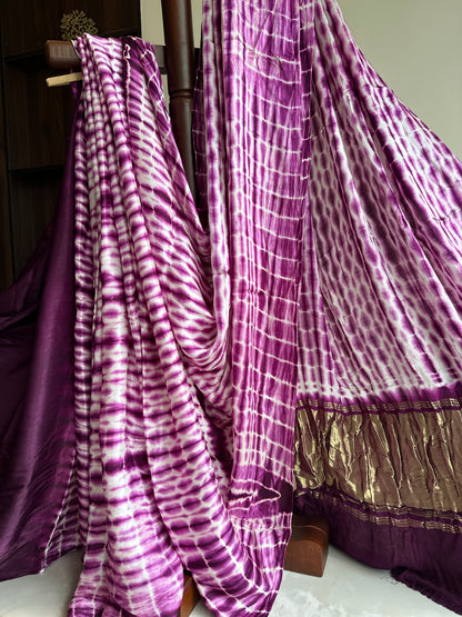 White and Purple Shibbori Pure Modal Silk Saree