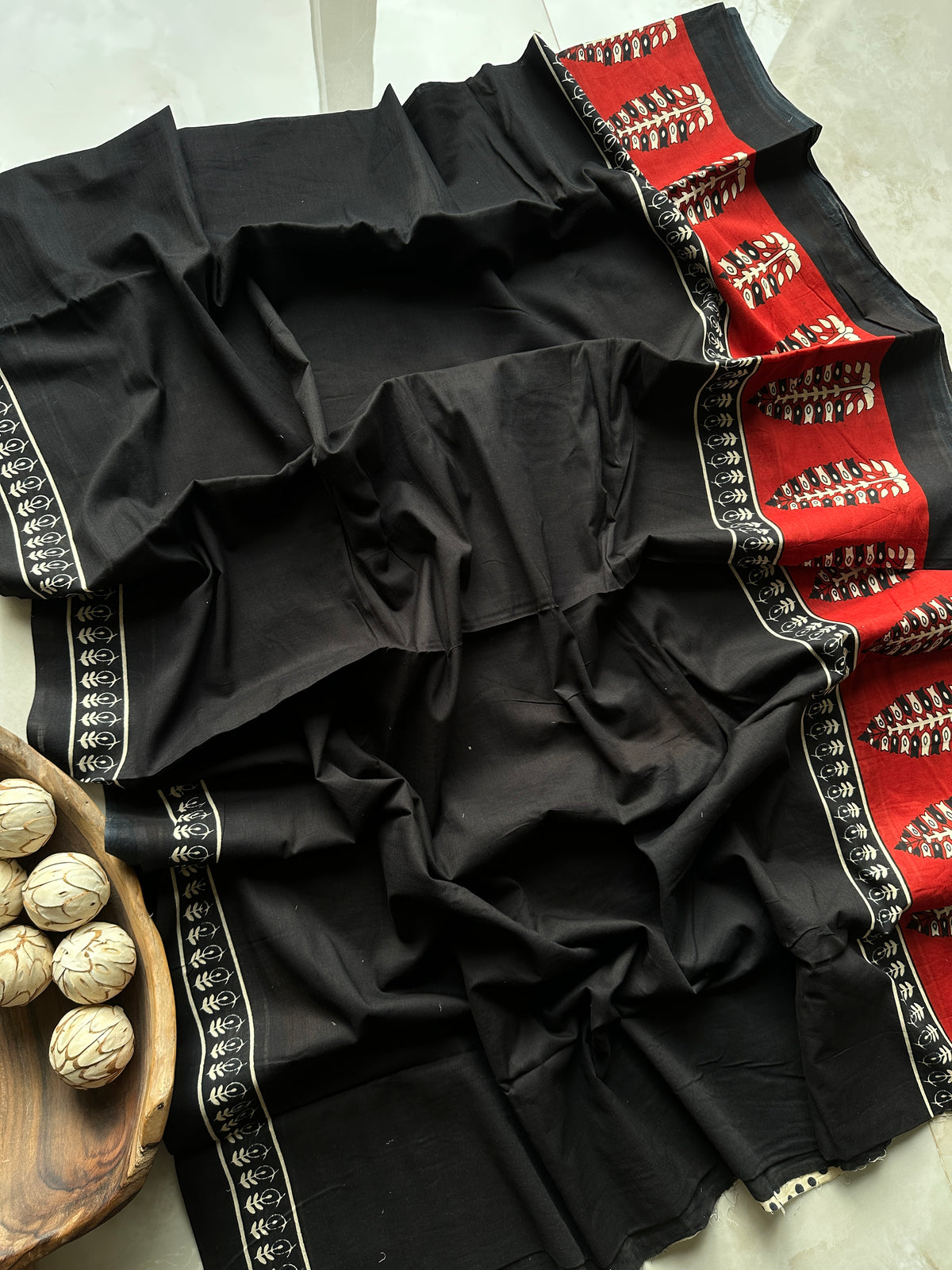 Black Red Handblock Mul Cotton Saree