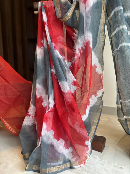 Tie and dye ink waves Red and Grey  Kota Doriya Saree