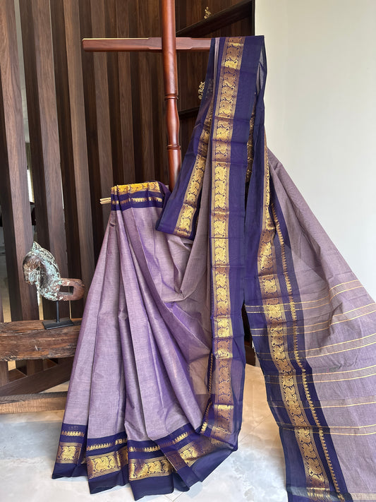 Purple Kanchi Cotton Saree with Peacock Border