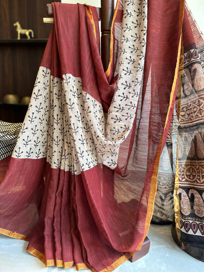Handblock Linen Cotton saree