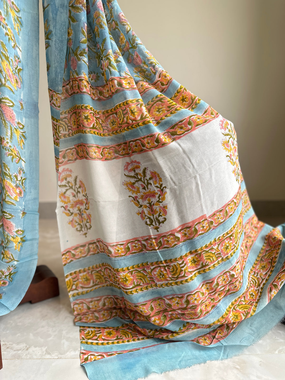 Authentic Powder Blue Georgette Handblock Saree