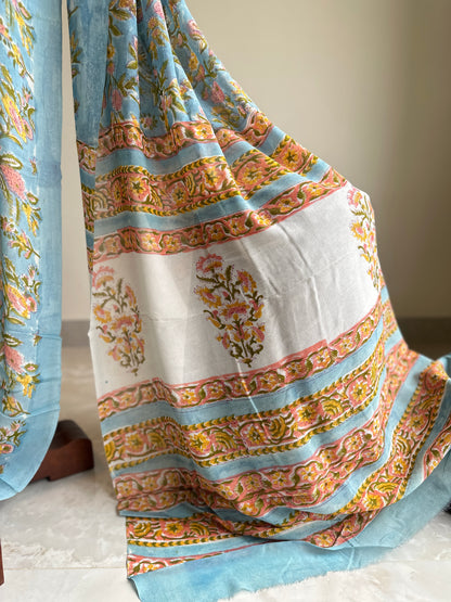 Authentic Powder Blue Georgette Handblock Saree