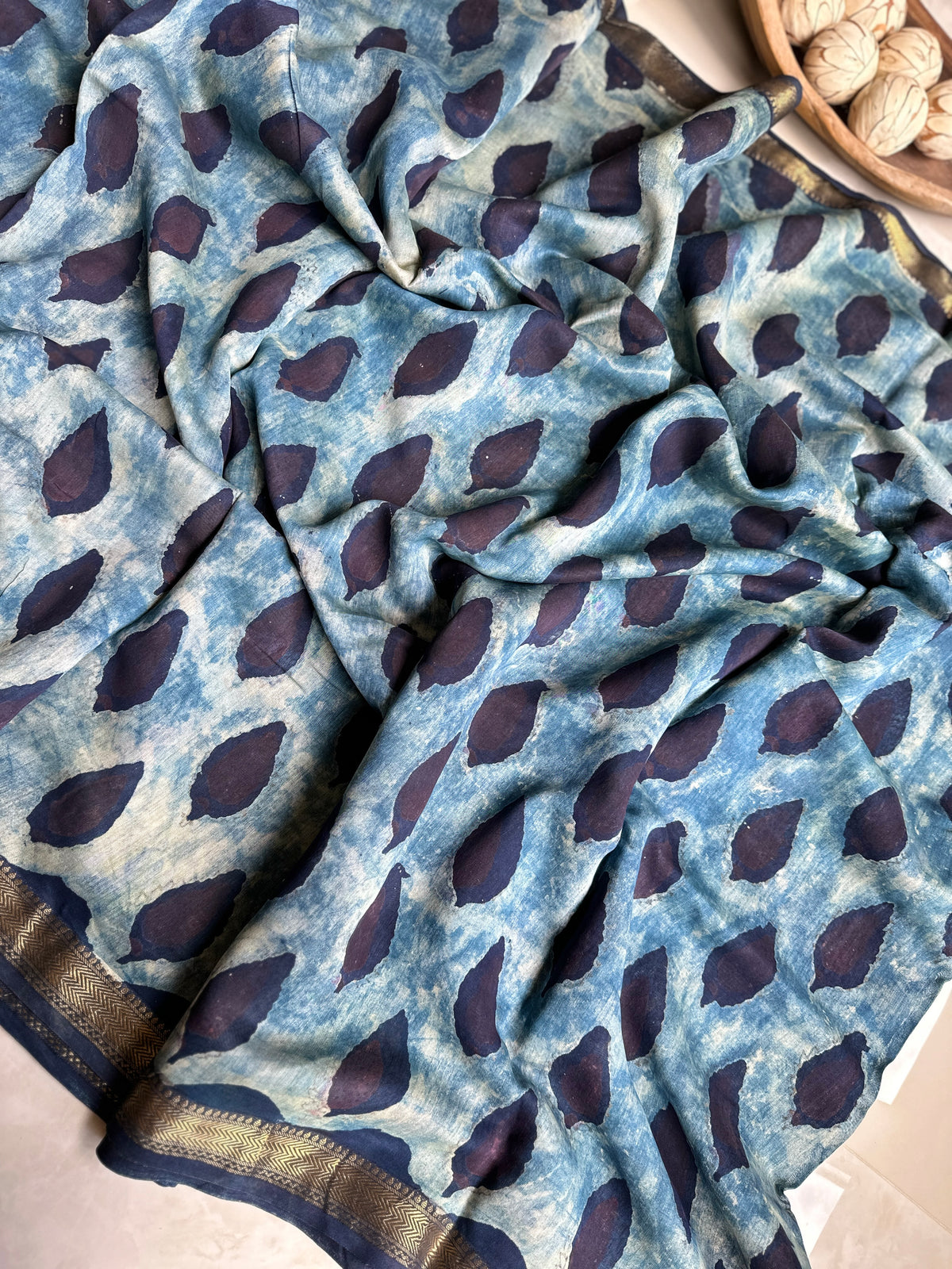 Peacock Motif Indigo Silk By Cotton Maheshwari Saree