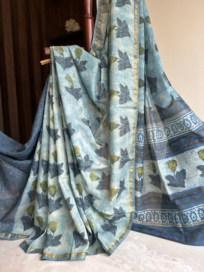 Indigo Ajrakh Vanaspathi Chanderi Silk Saree
