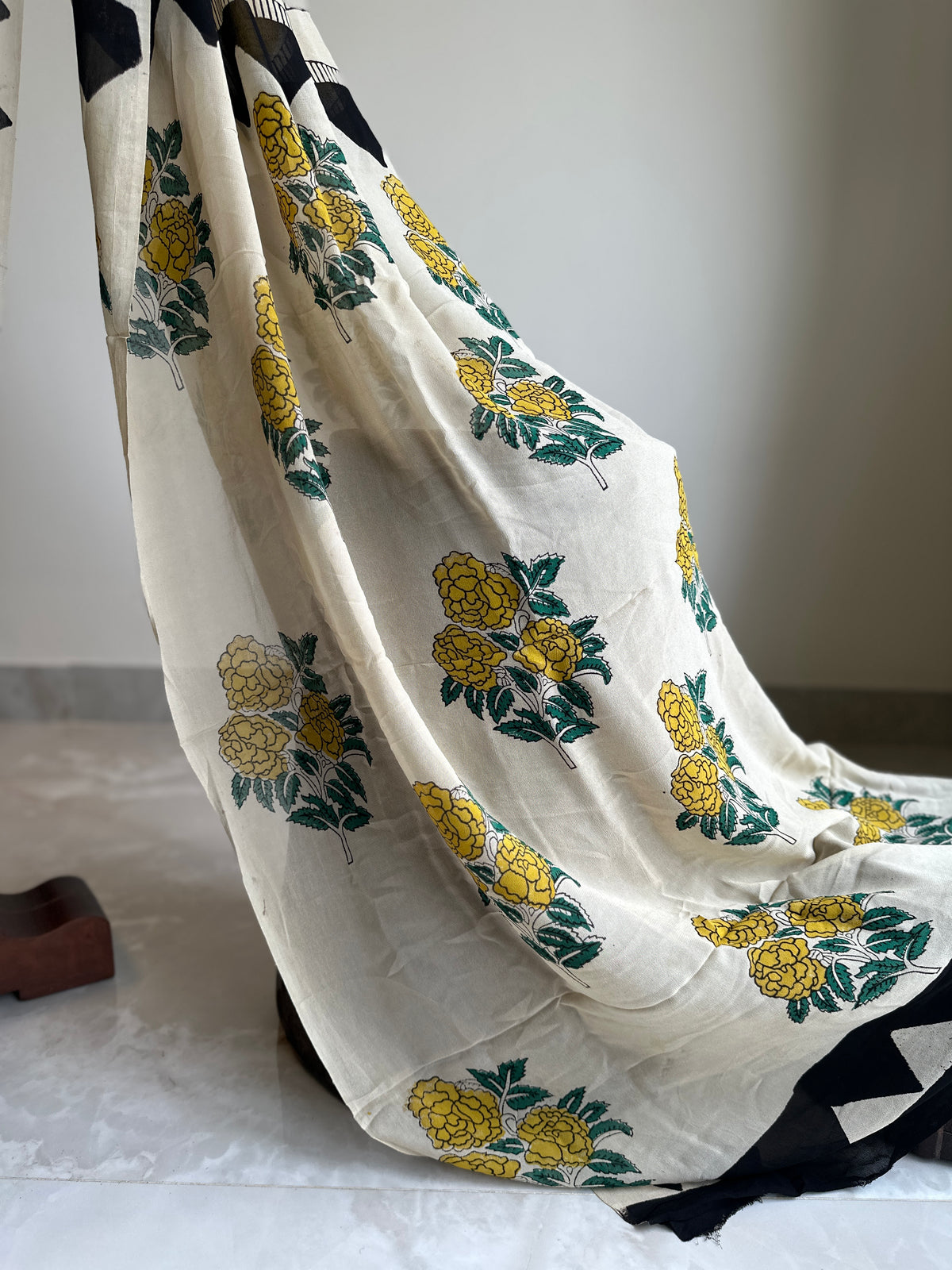 Authentic Black and Yellow Georgette Handblock Saree