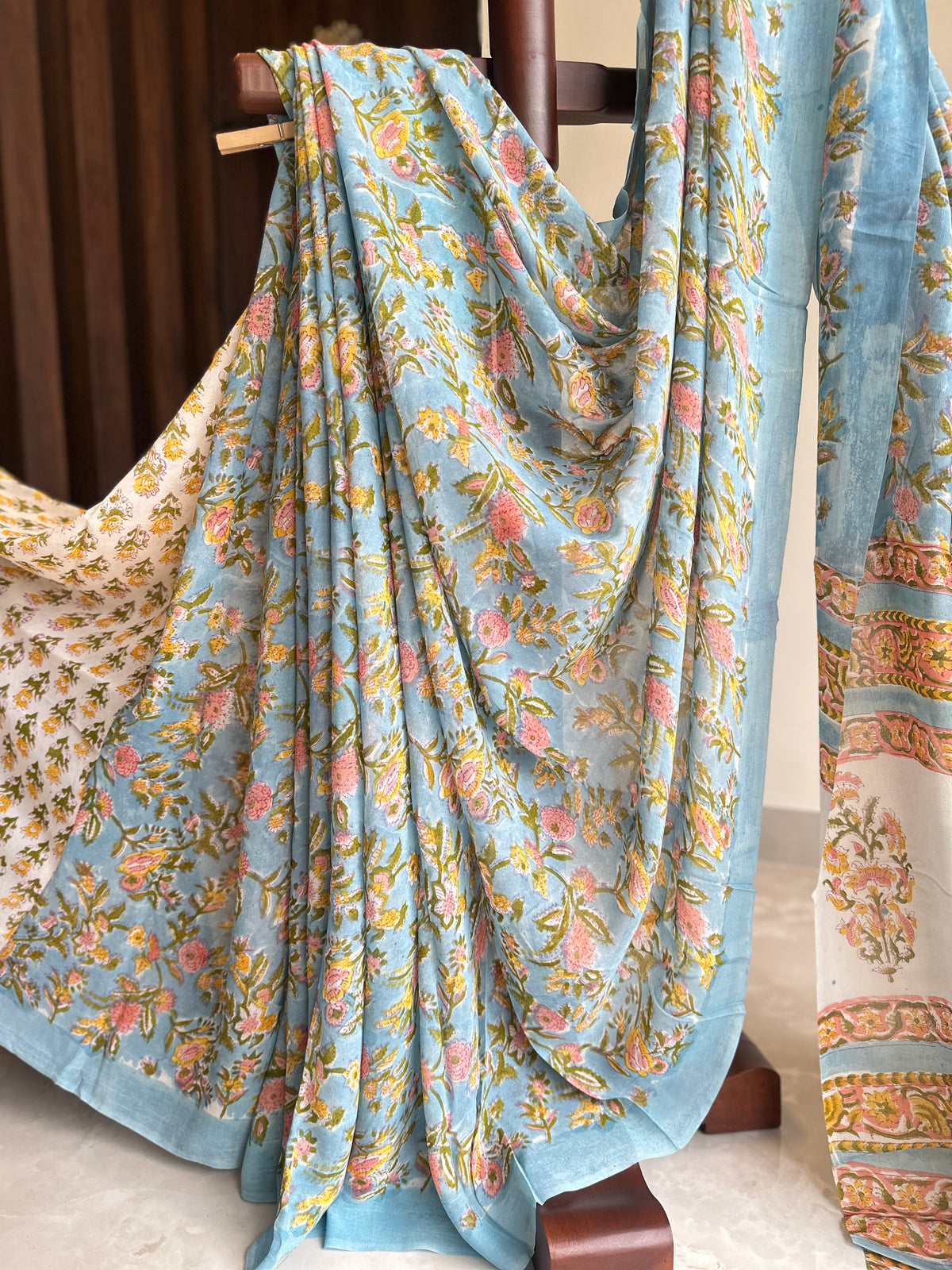 Authentic Powder Blue Georgette Handblock Saree
