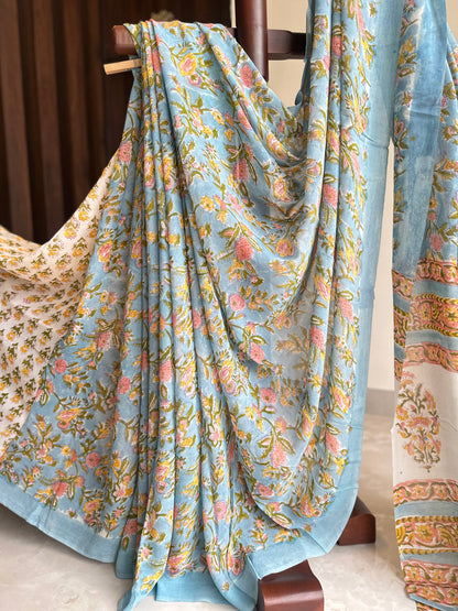 Authentic Powder Blue Georgette Handblock Saree