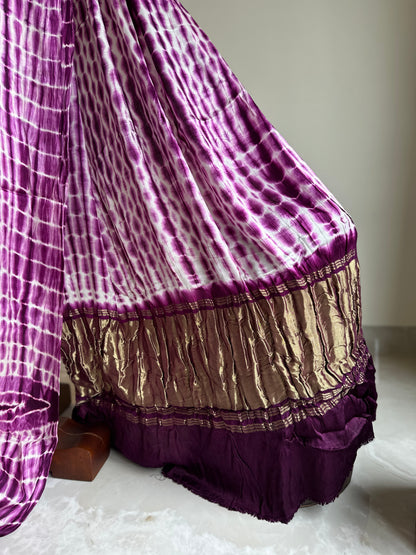 White and Purple Shibbori Pure Modal Silk Saree