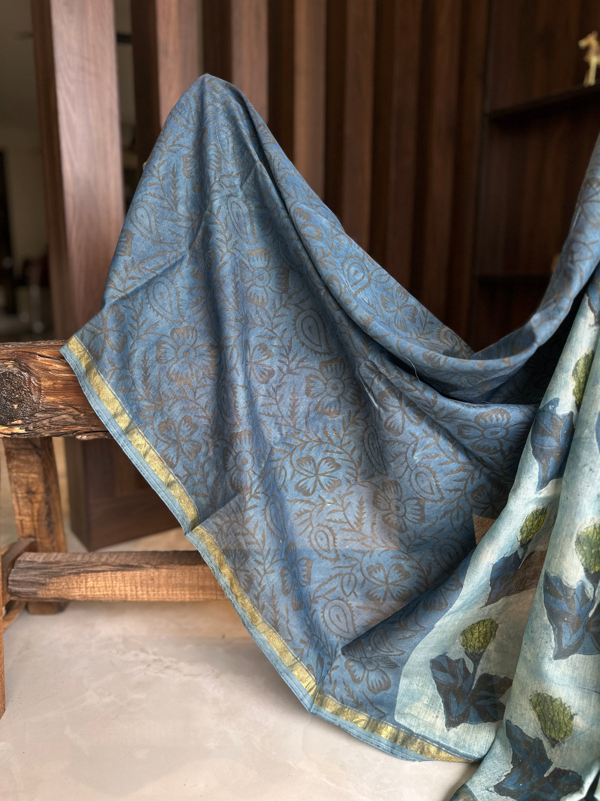 Indigo Ajrakh Vanaspathi Chanderi Silk Saree