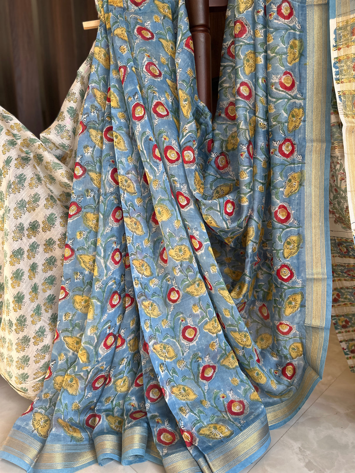 Sea Blue Hues Silk By Cotton Maheshwari Saree